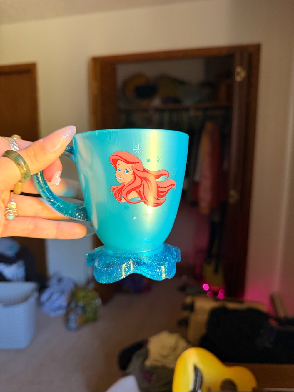 Disney Ariel Teal Cup with Red Hair Graphic and Sparkle Handle